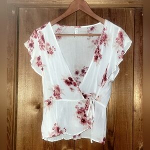 GF Collection Floral Wrap Blouse - White and Pink